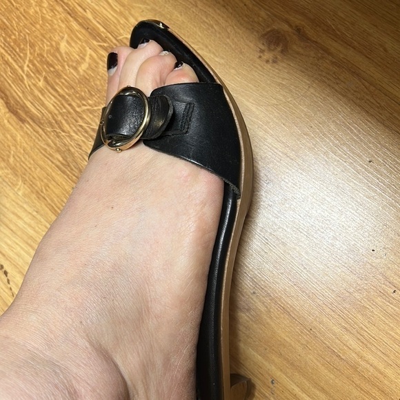 Yves Saint Laurent Sz 37 Black Leather Wood Low Heel Slide Sandals - Picture 9 of 9